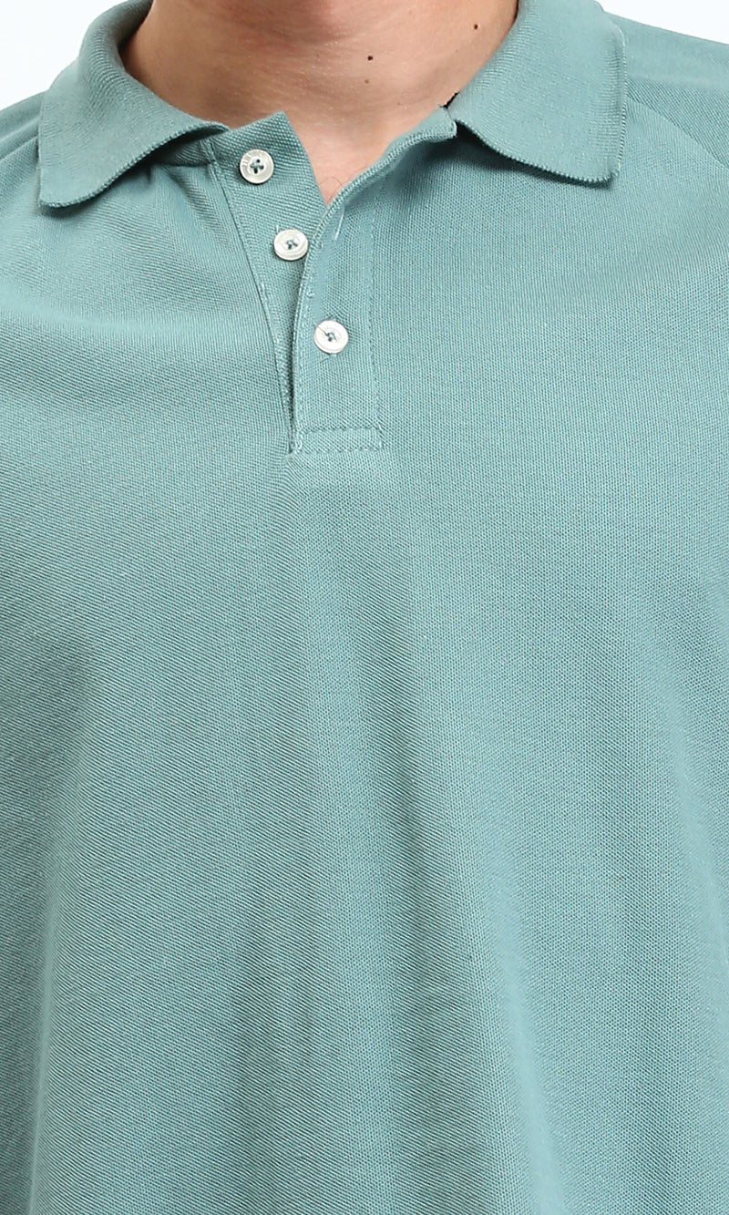 R210781 - Buttoned Neck Elbow Sleeves Polo Shirt - Dark Mint