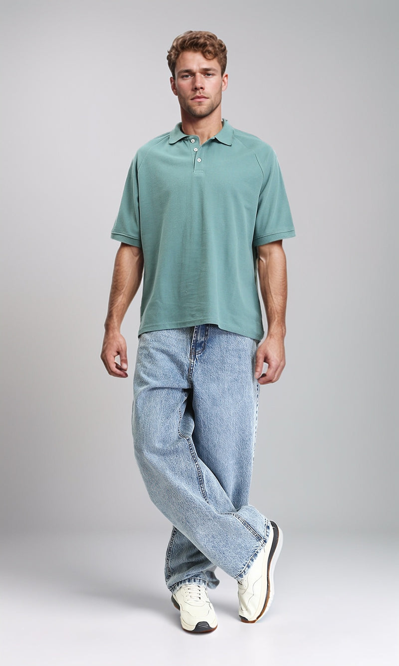 R210781 - Buttoned Neck Elbow Sleeves Polo Shirt - Dark Mint