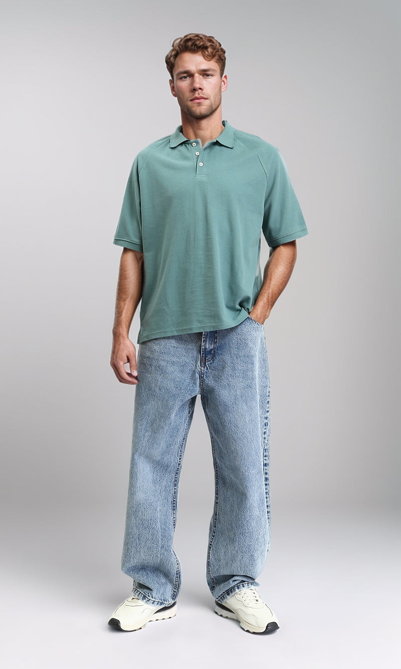 R210781 - Buttoned Neck Elbow Sleeves Polo Shirt - Dark Mint