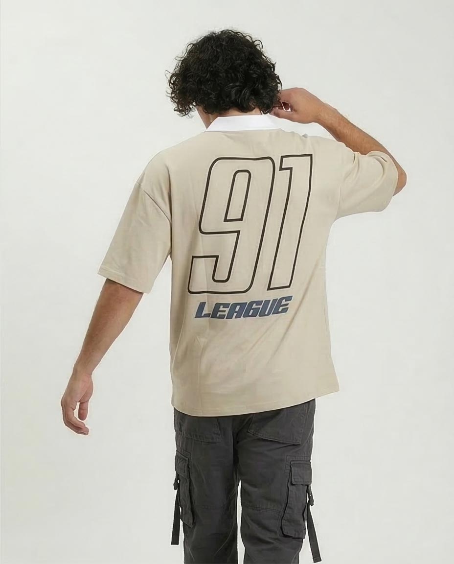RAVIN // "Champs League 91" Retro Oversized Rugby Shirt – Sand/White - R210783