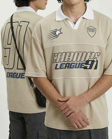 RAVIN // "Champs League 91" Retro Oversized Rugby Shirt – Sand/White - R210783