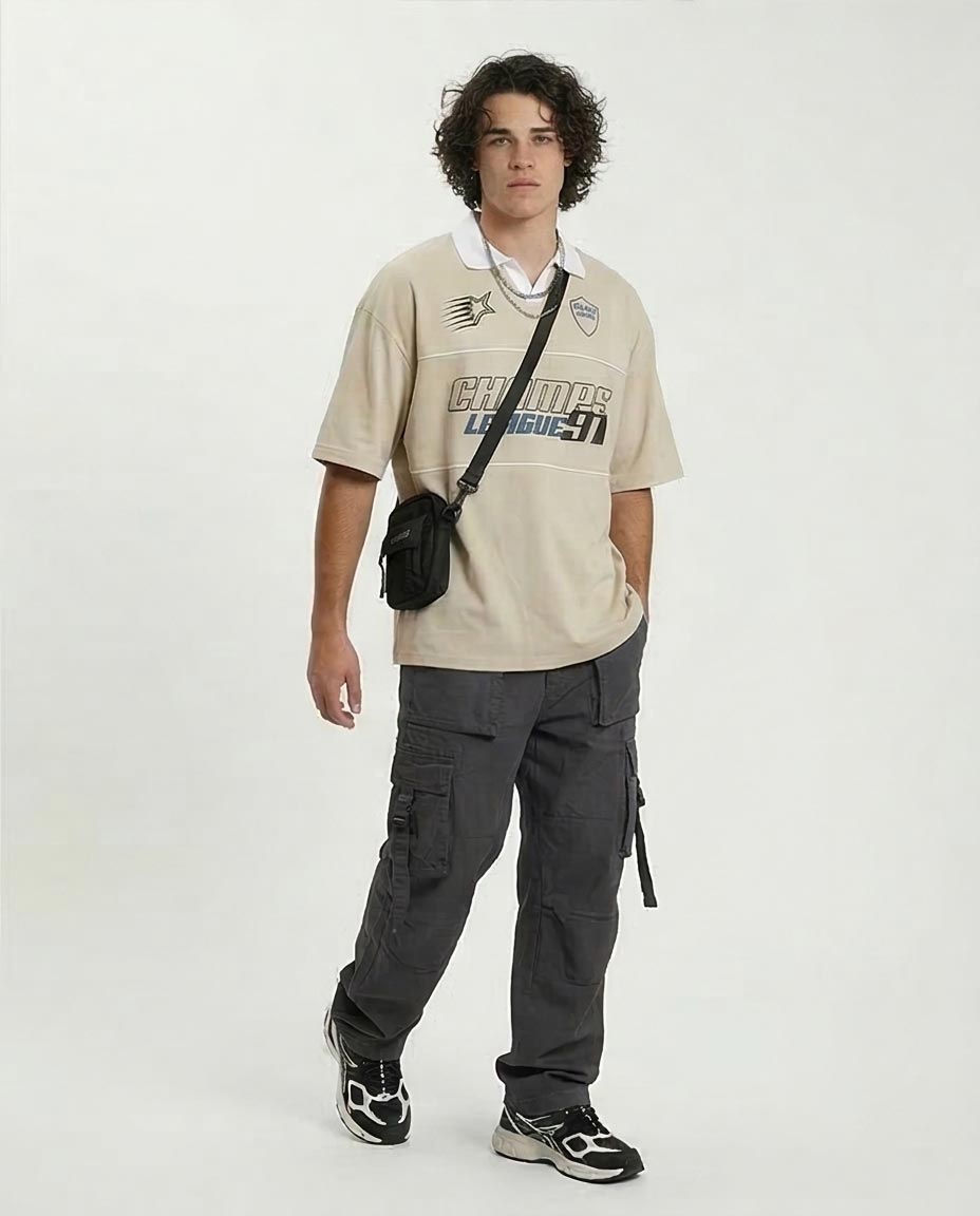 RAVIN // "Champs League 91" Retro Oversized Rugby Shirt – Sand/White - R210783