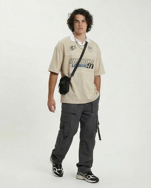 RAVIN // "Champs League 91" Retro Oversized Rugby Shirt – Sand/White - R210783