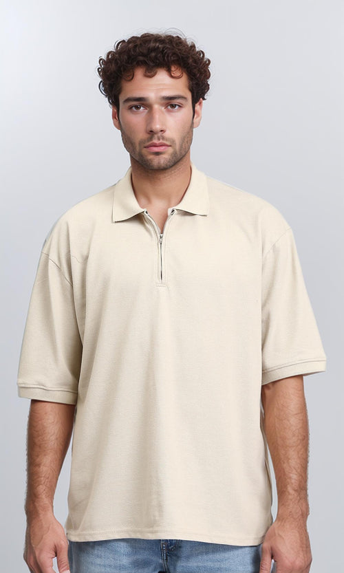 Elbow Sleeves Zipped Polo Shirt - Ecru