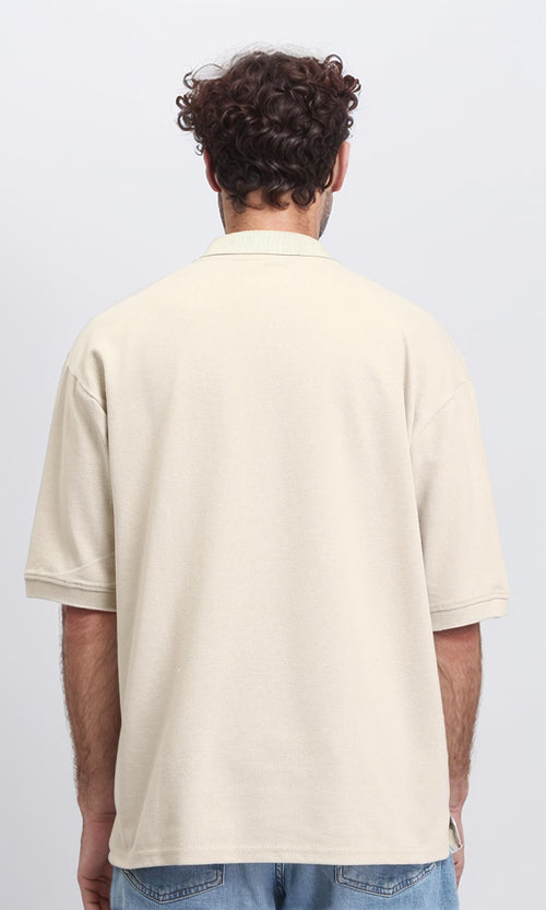 R210788 - Elbow Sleeves Zipped Polo Shirt - Ecru