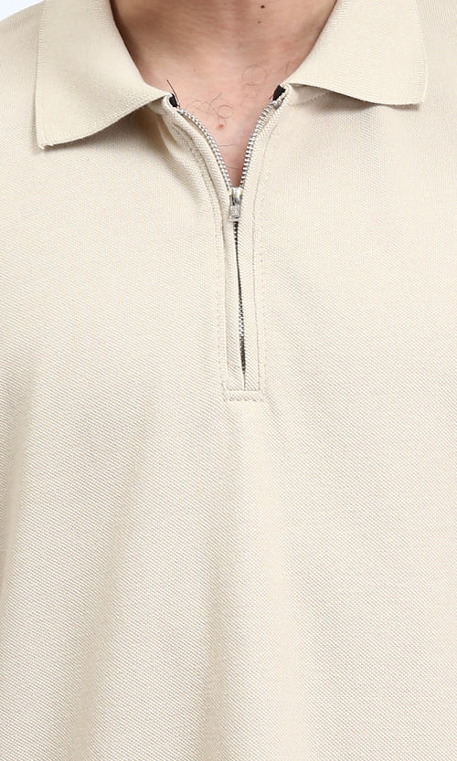 R210788 - Elbow Sleeves Zipped Polo Shirt - Ecru