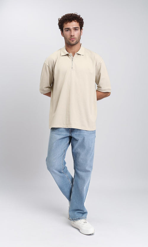 R210788 - Elbow Sleeves Zipped Polo Shirt - Ecru