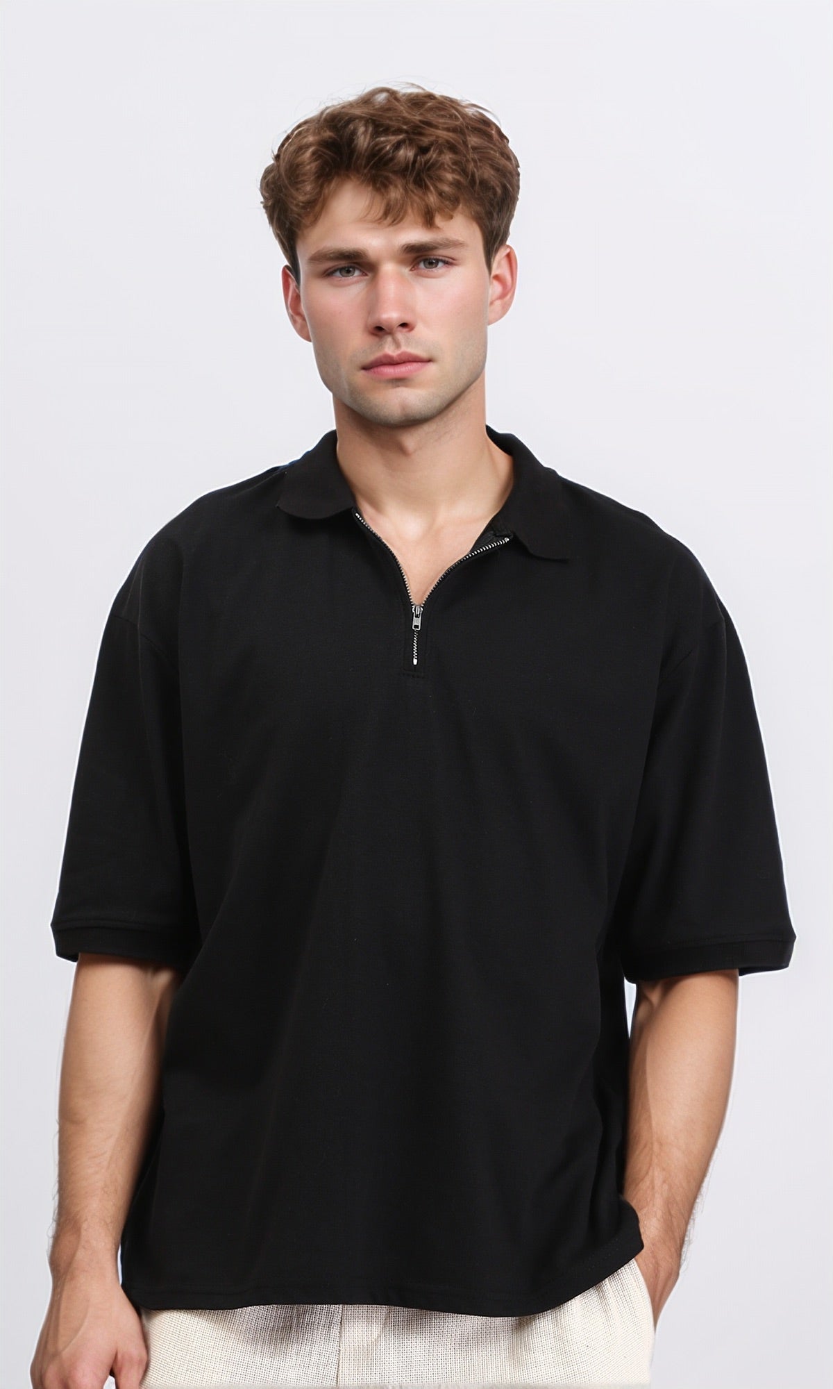 Zipped Neck Solid Polo Shirt - Black
