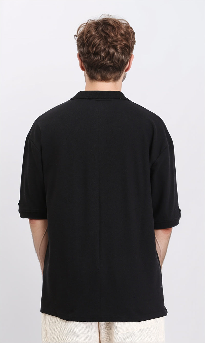 R210789 - Zipped Neck Solid Polo Shirt - Black