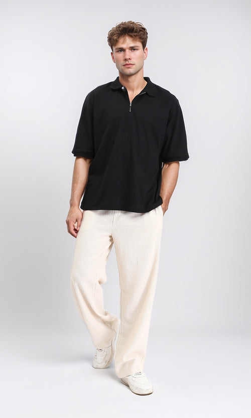 R210789 - Zipped Neck Solid Polo Shirt - Black