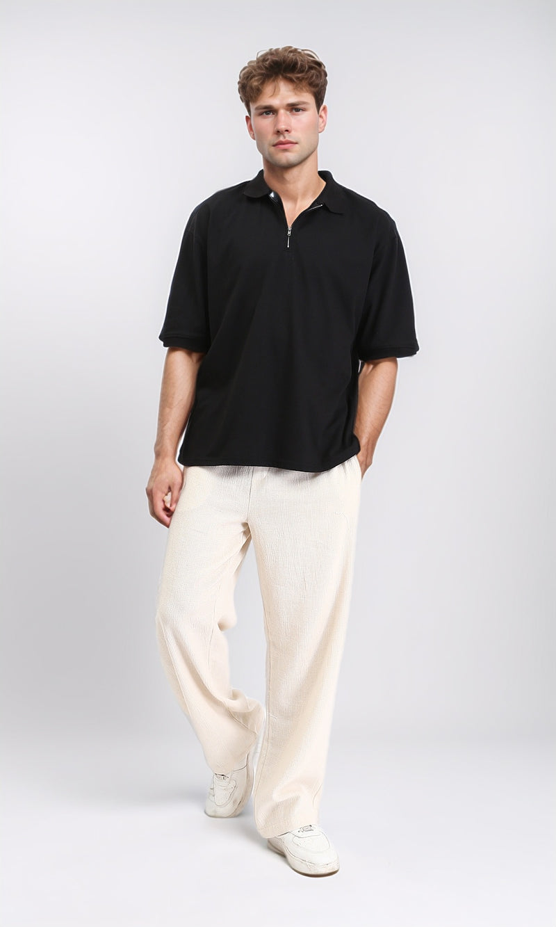 R210789 - Zipped Neck Solid Polo Shirt - Black