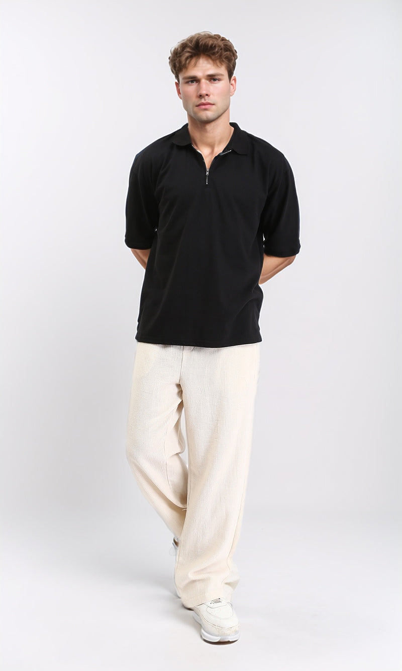 R210789 - Zipped Neck Solid Polo Shirt - Black