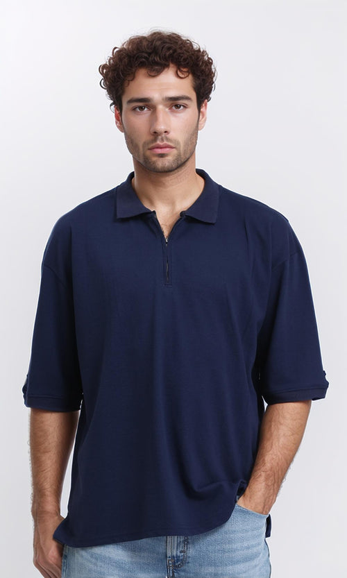 Elbow Sleeves Zipped Polo Shirt - Navy Blue