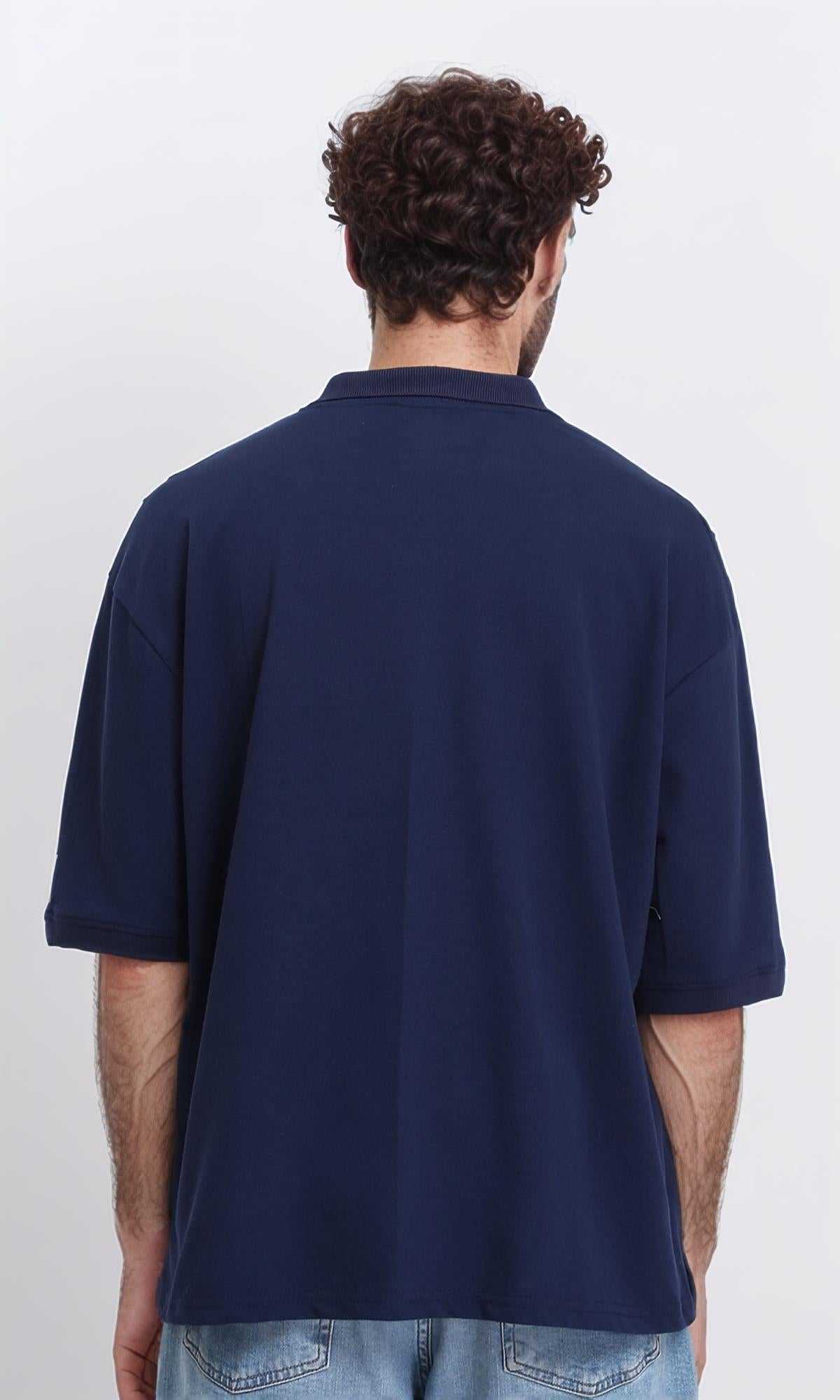 R210790 - Elbow Sleeves Zipped Polo Shirt - Navy Blue