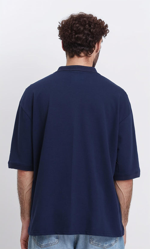 R210790 - Elbow Sleeves Zipped Polo Shirt - Navy Blue