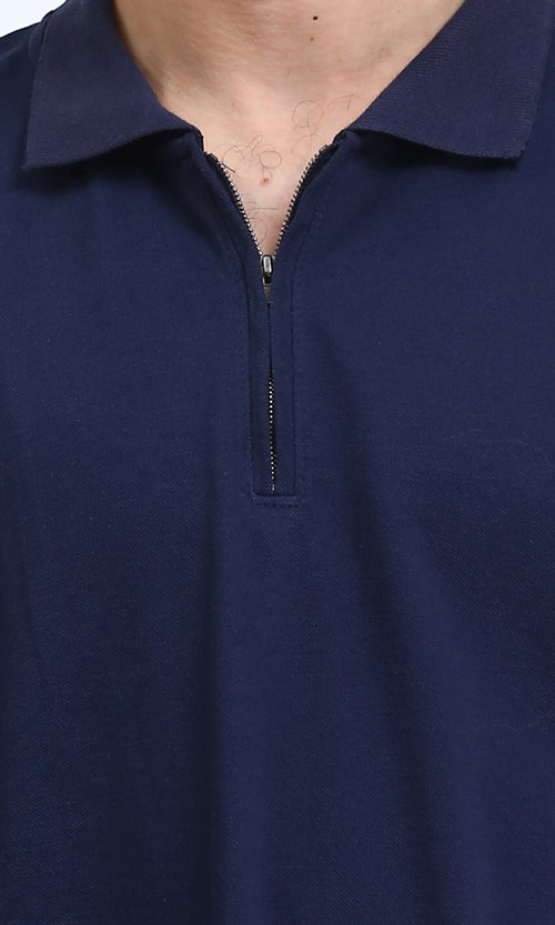 R210790 - Elbow Sleeves Zipped Polo Shirt - Navy Blue
