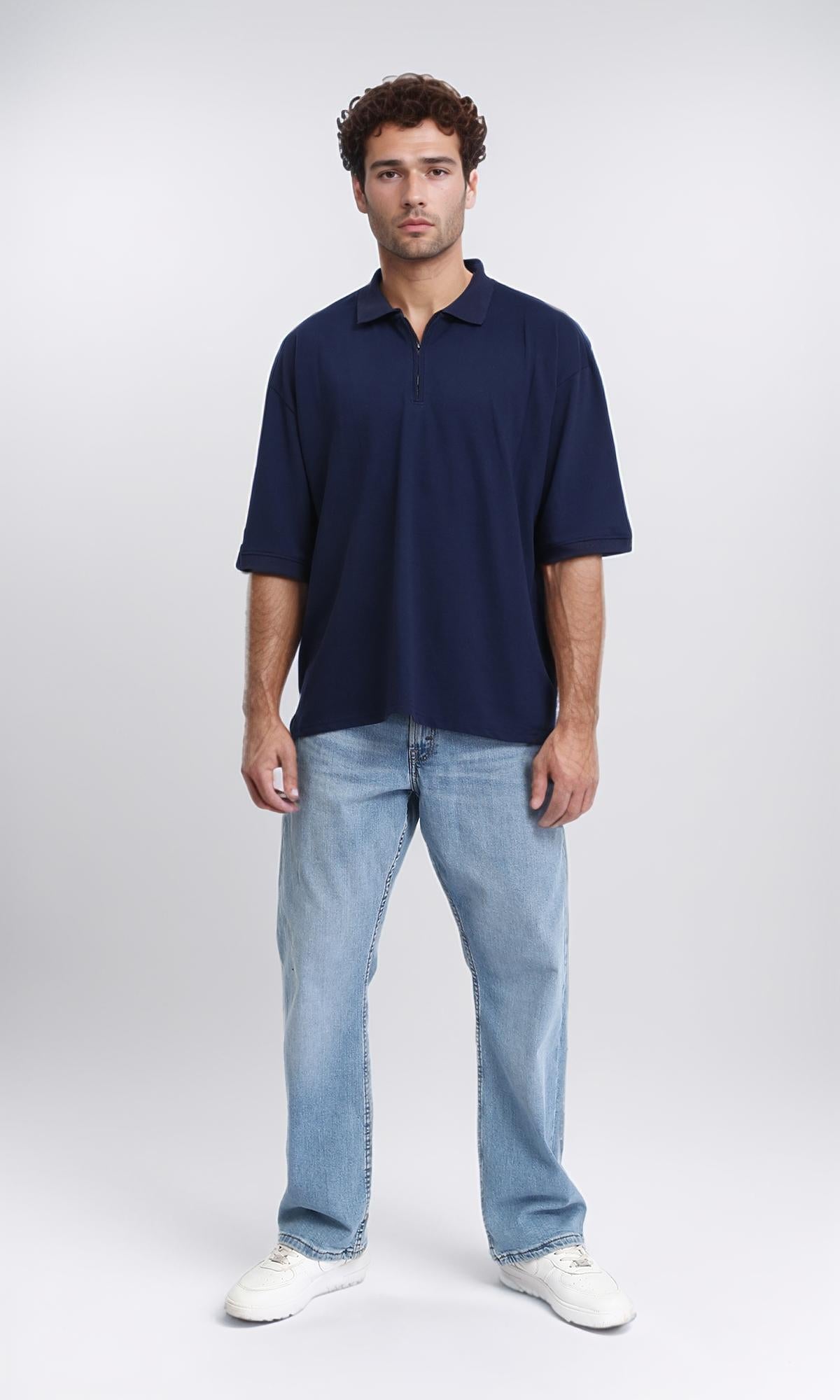 R210790 - Elbow Sleeves Zipped Polo Shirt - Navy Blue