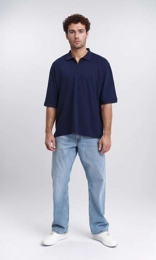 R210790 - Elbow Sleeves Zipped Polo Shirt - Navy Blue