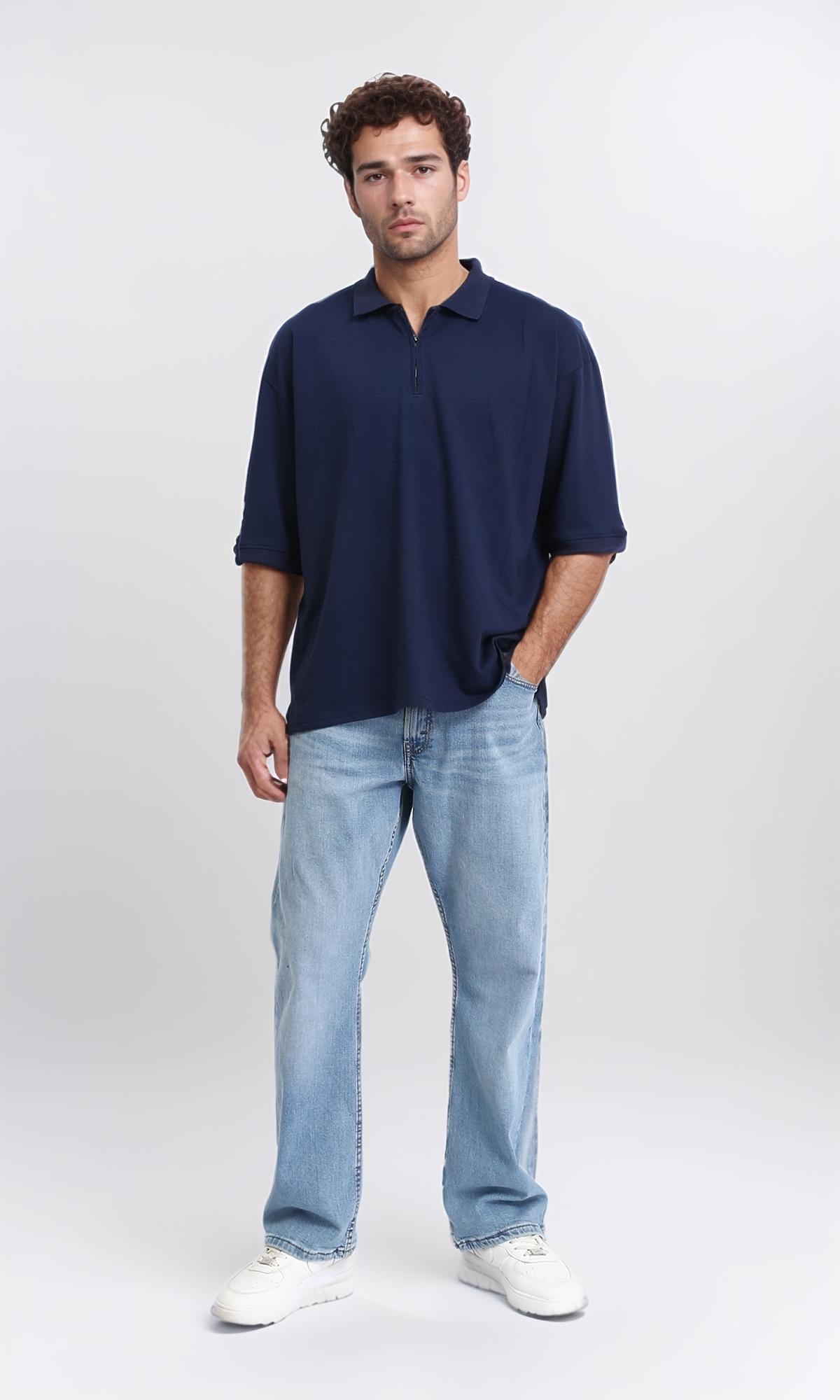 R210790 - Elbow Sleeves Zipped Polo Shirt - Navy Blue