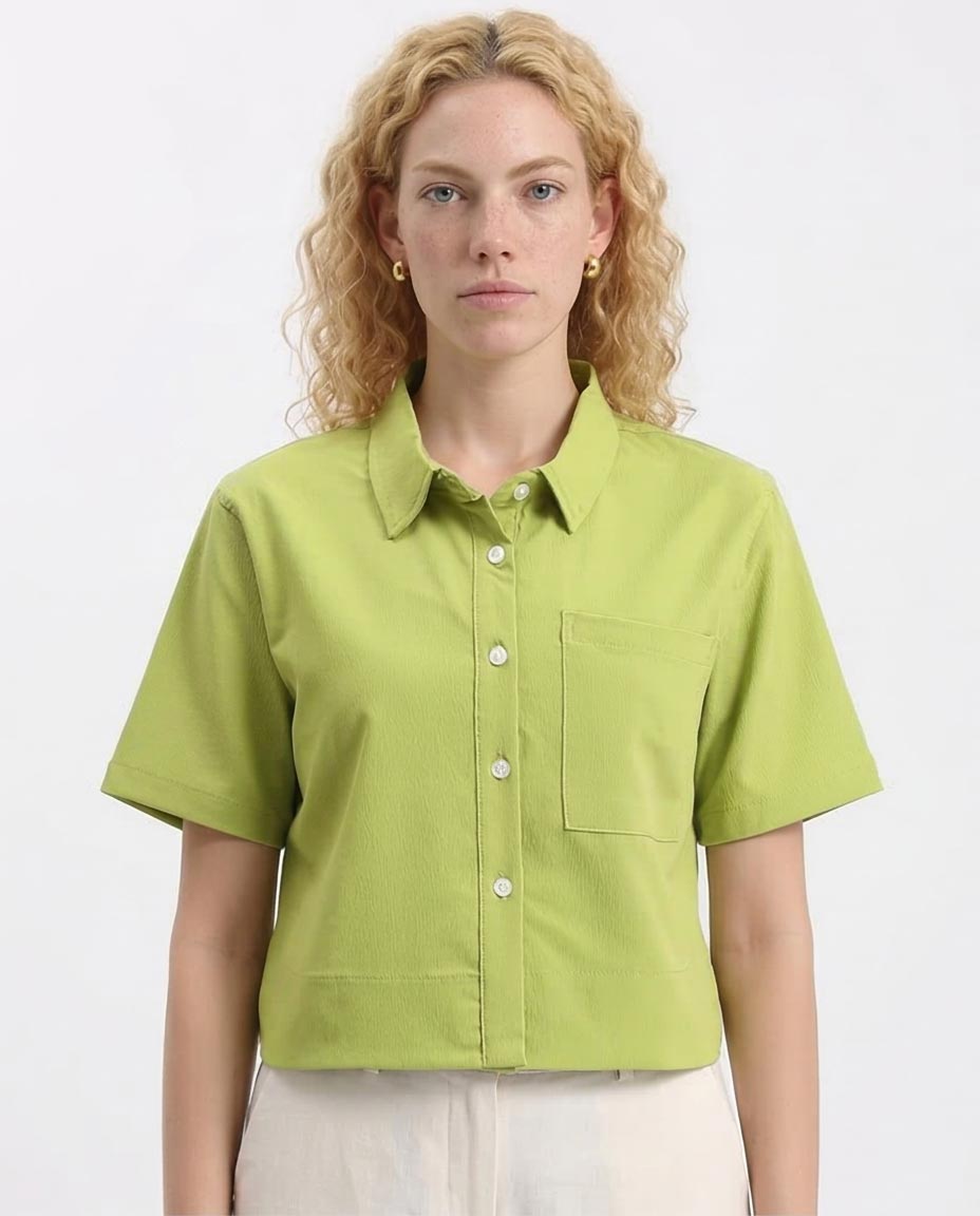 Women's Crinkle-Textured Short Sleeve Boxy Shirt - Lime