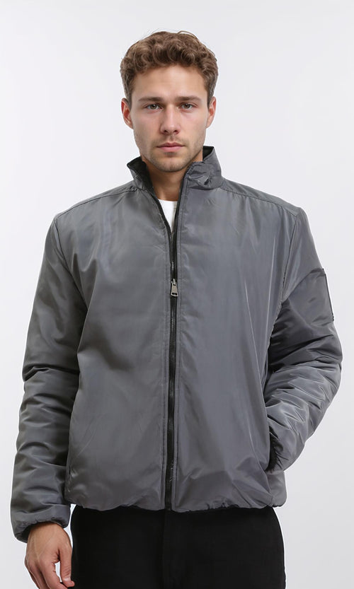 R210815 - Double Face Zipped Bomber Jacket - Black & Dark Grey