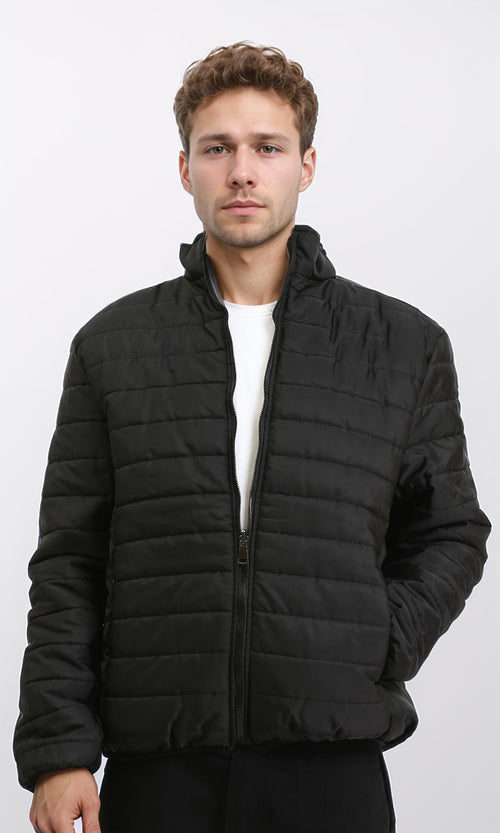 R210815 - Double Face Zipped Bomber Jacket - Black & Dark Grey