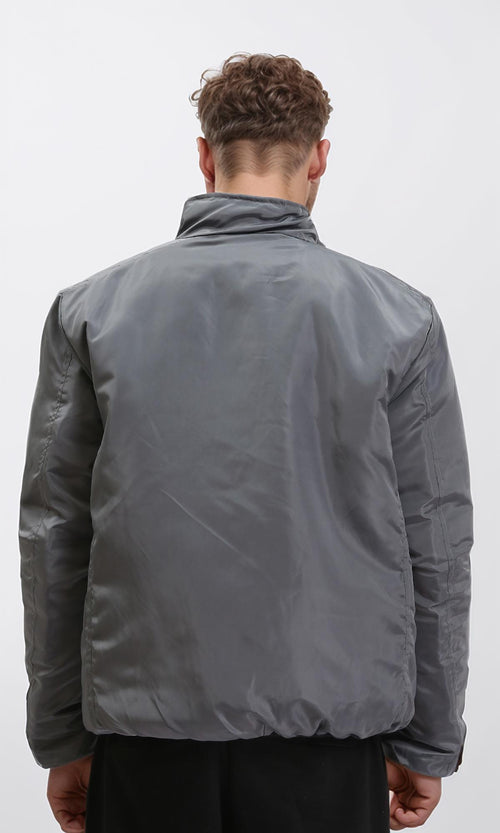 R210815 - Double Face Zipped Bomber Jacket - Black & Dark Grey