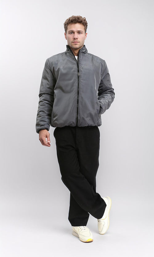 R210815 - Double Face Zipped Bomber Jacket - Black & Dark Grey