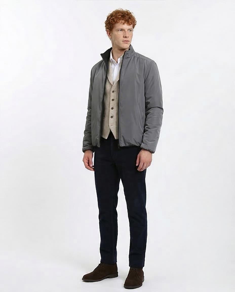Ravin Men’s Reversible Full-Zip Padded Jacket – Smooth & Quilted Dual-Texture- Black & Dark Grey - R210815