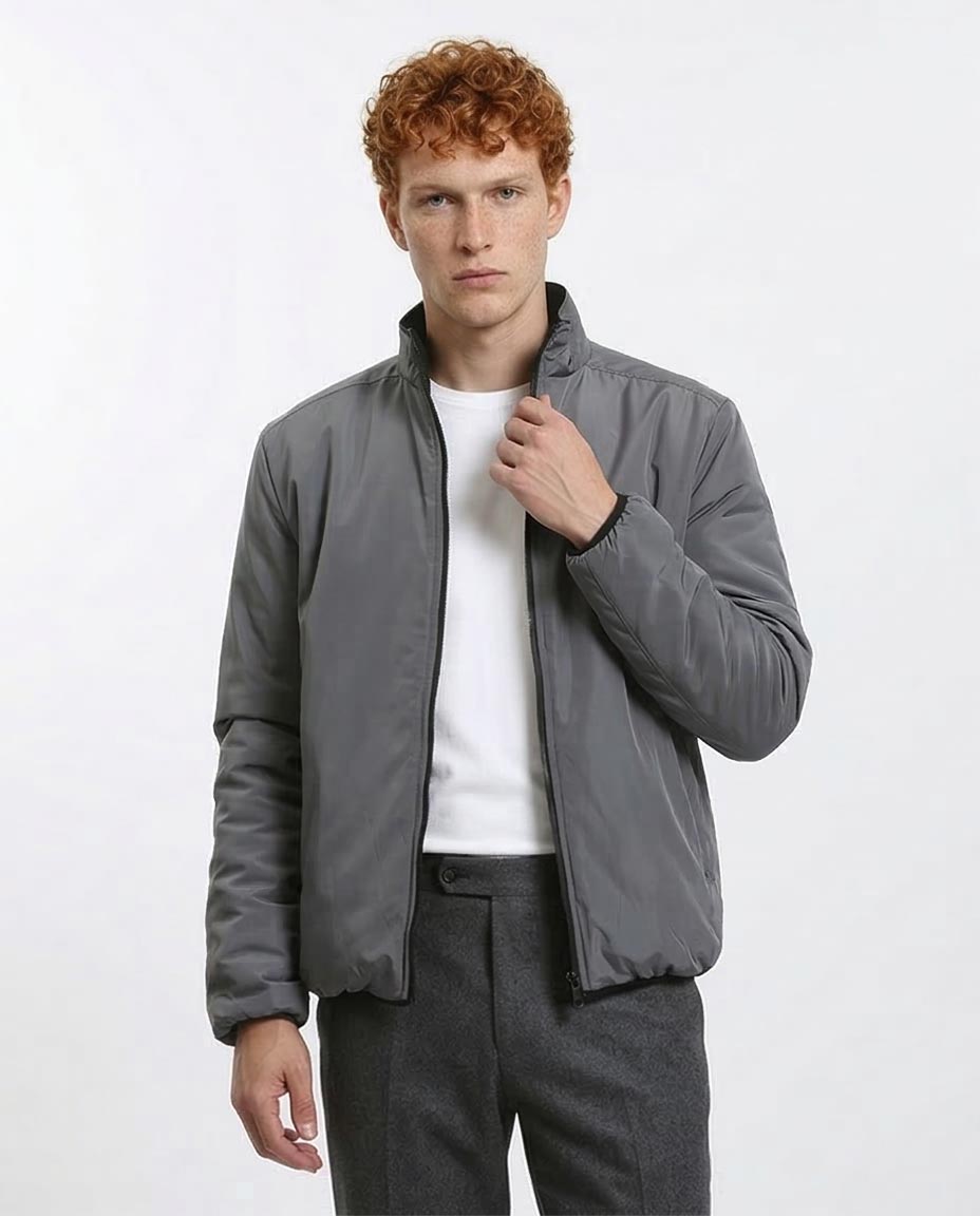 Ravin Men’s Reversible Full-Zip Padded Jacket – Smooth & Quilted Dual-Texture- Black & Dark Grey - R210815