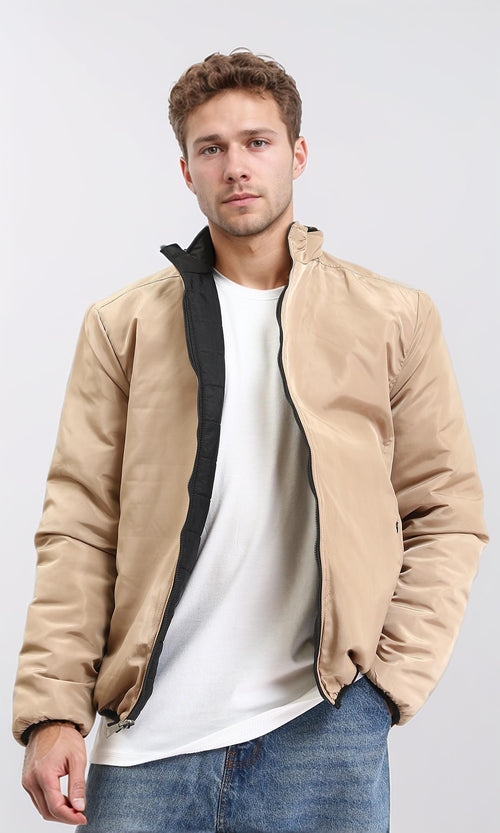 R210816 - Double Face Zipped Bomber Jacket - Black & Sand