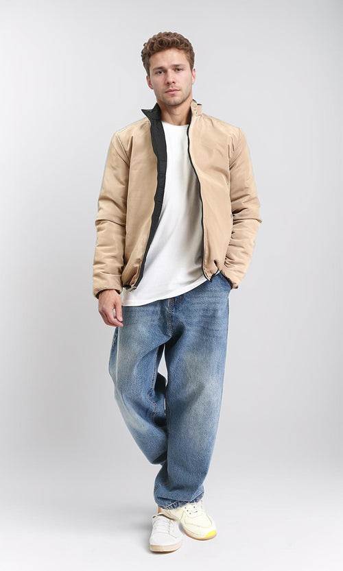 R210816 - Double Face Zipped Bomber Jacket - Black & Sand