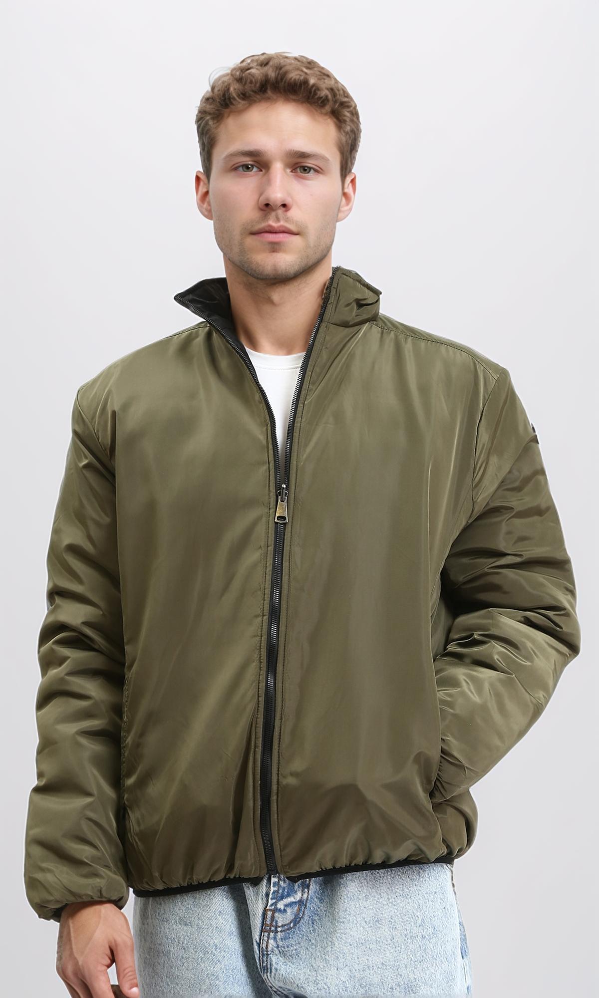 R210817 Double Face Zipped Bomber Jacket Black Dark Olive