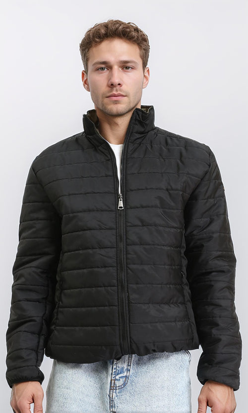 R210817 - Double Face Zipped Bomber Jacket - Black & Dark Olive