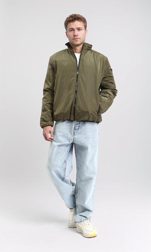 R210817 - Double Face Zipped Bomber Jacket - Black & Dark Olive