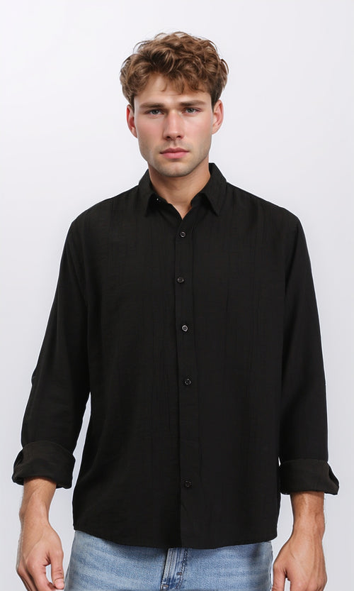 R210820 - Textured Long Sleeves Comfy Shirt - Black