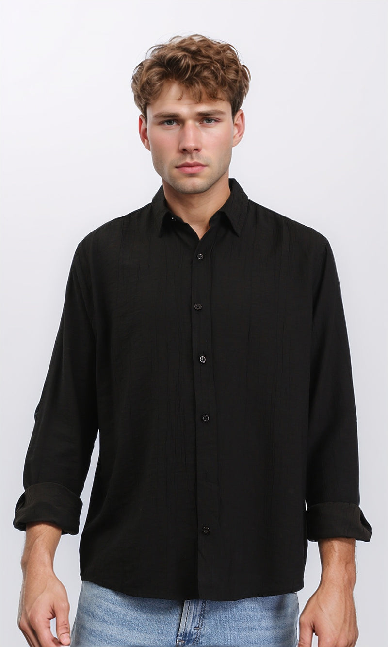 R210820 - Textured Long Sleeves Comfy Shirt - Black