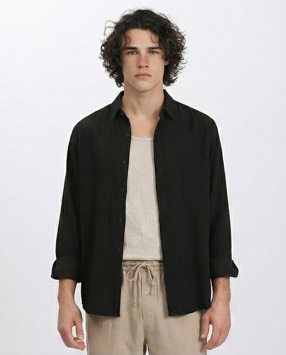 Textured Long Sleeves Comfy Shirt - Black