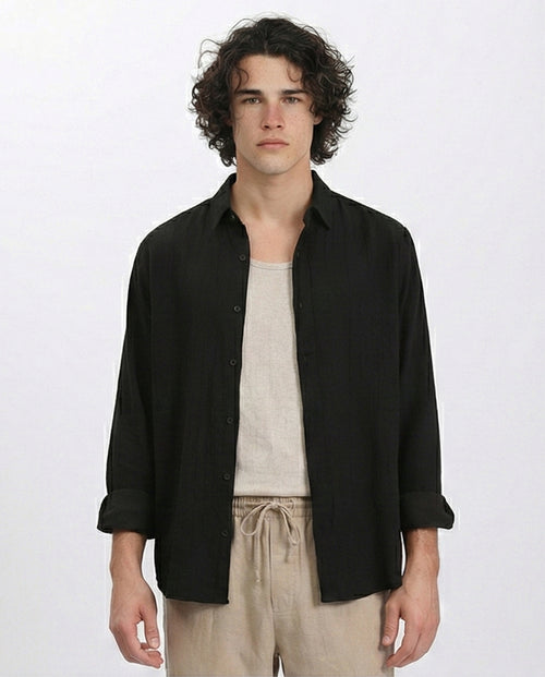 Textured Long Sleeves Comfy Shirt - Black