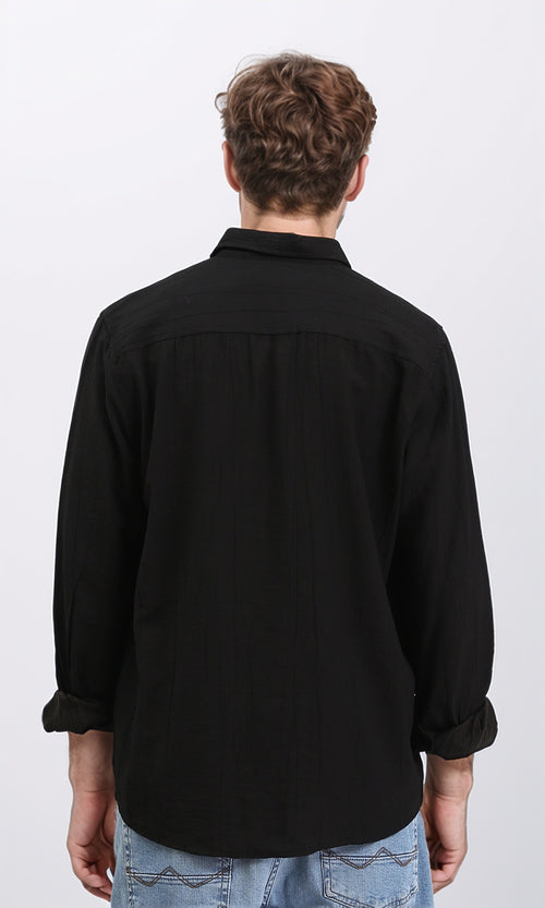 R210820 - Textured Long Sleeves Comfy Shirt - Black