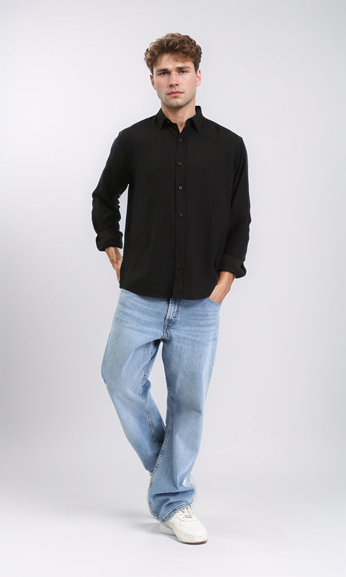 R210820 - Textured Long Sleeves Comfy Shirt - Black