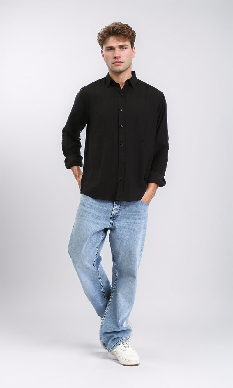 R210820 - Textured Long Sleeves Comfy Shirt - Black