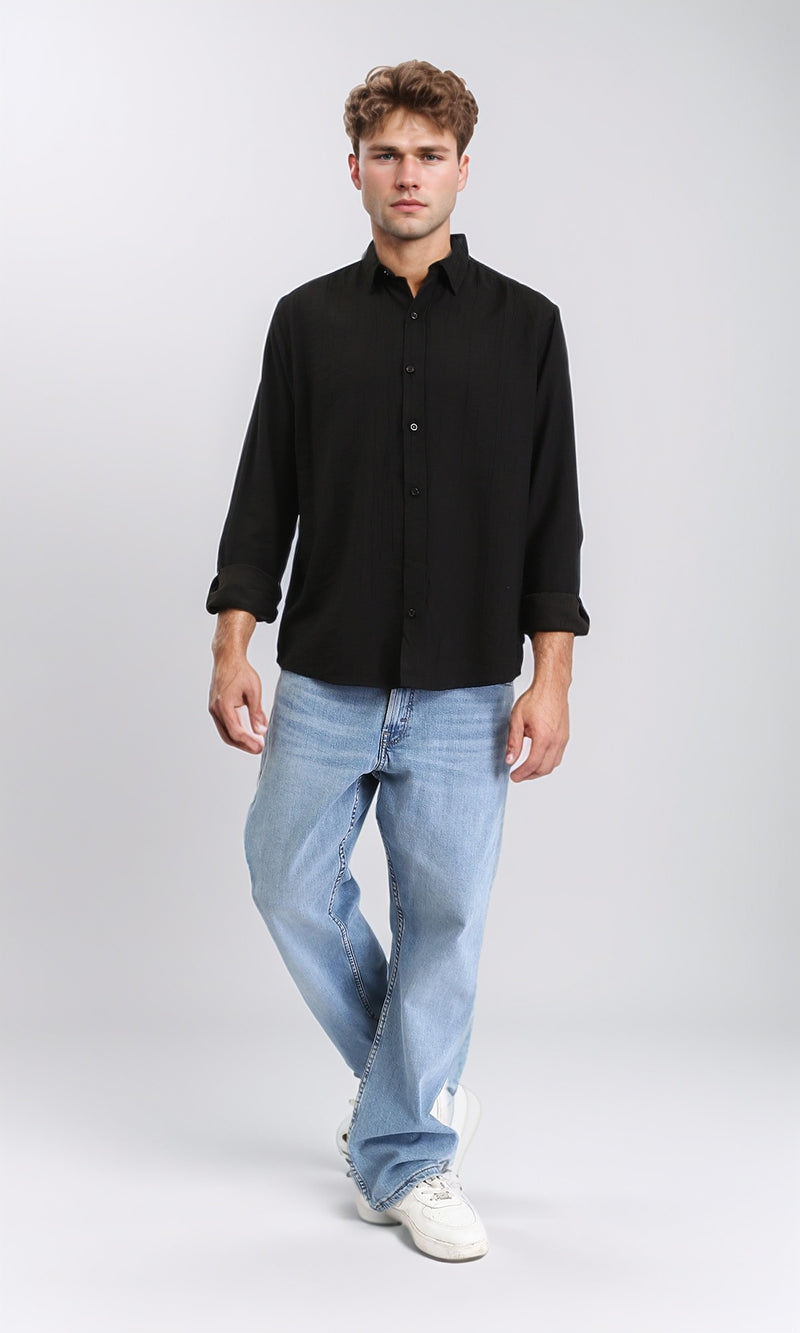 R210820 - Textured Long Sleeves Comfy Shirt - Black