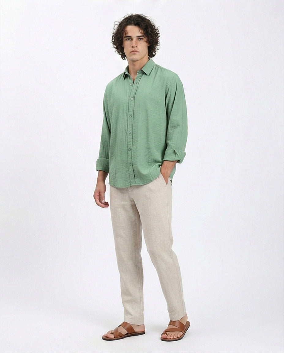R210821 - Textured Long Sleeves Comfy Shirt - Green
