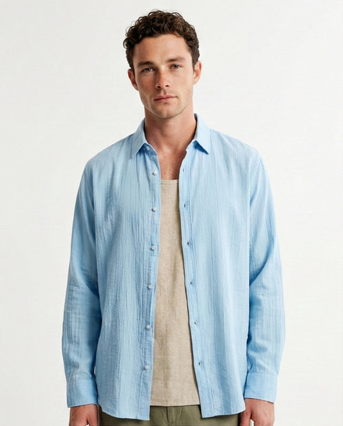 Textured Long Sleeves Comfy Shirt - Sky Blue