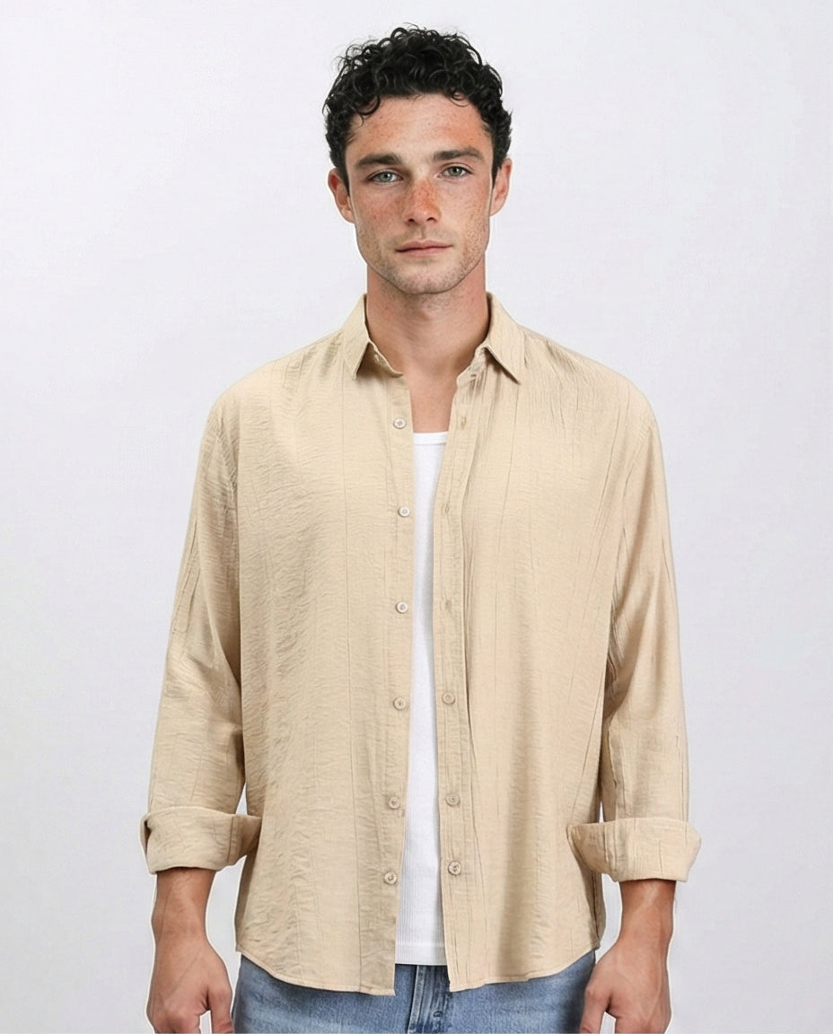 Textured Long Sleeves Comfy Shirt - Dark Beige