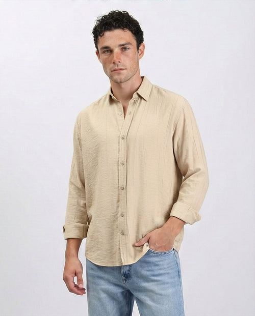 R210823 - Textured Long Sleeves Comfy Shirt - Dark Beige