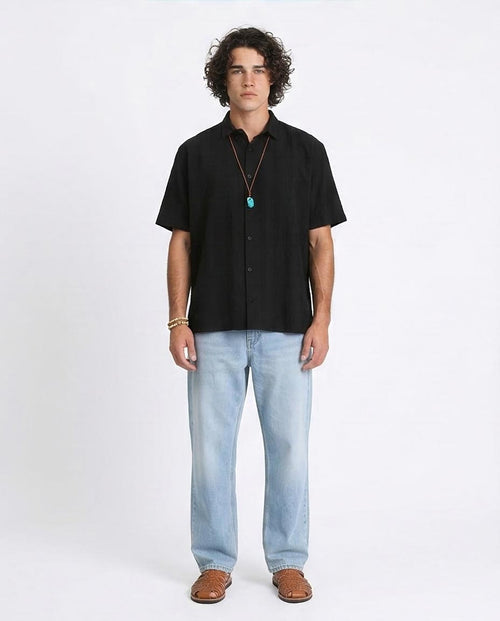 Ravin | Textured Stripe Relaxed Fit Short Sleeve Shirt - Black - R210825