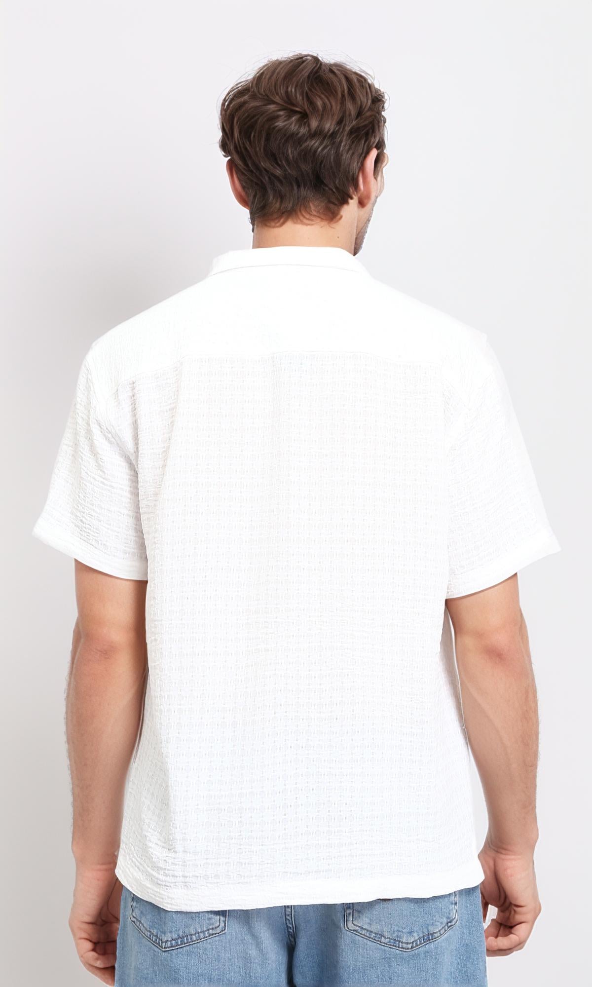 R210826 - Self Pattern Short Sleeves Summer Shirt - White