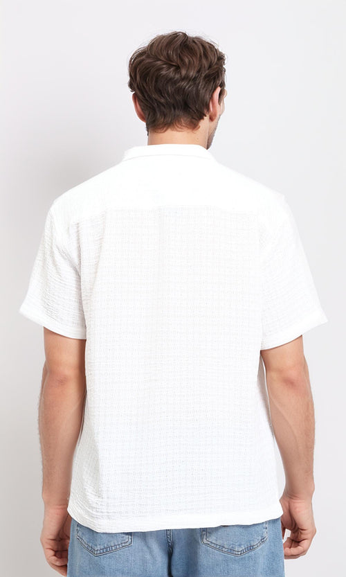 R210826 - Self Pattern Short Sleeves Summer Shirt - White